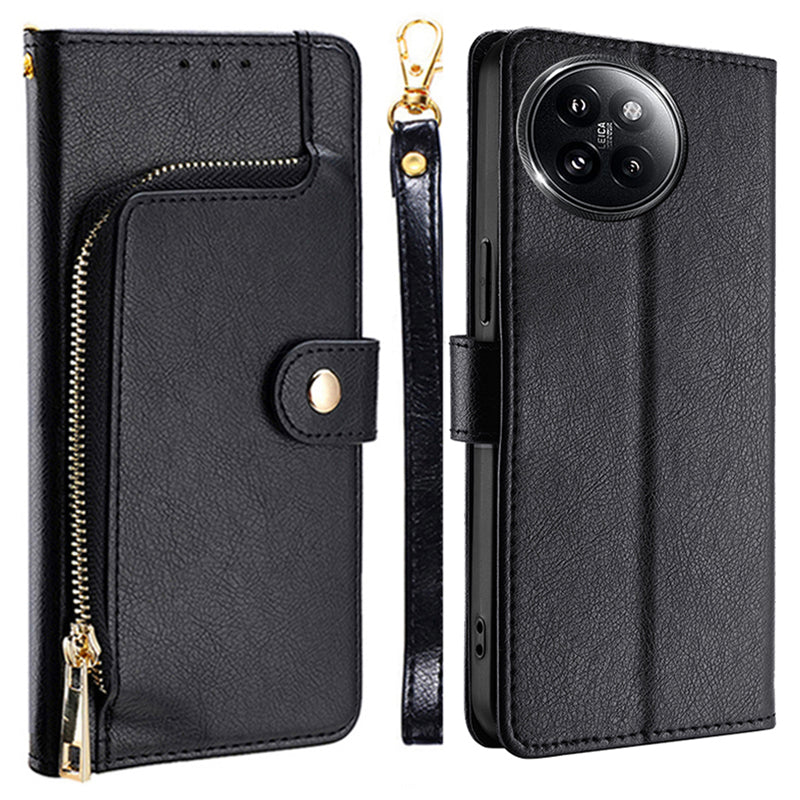 For Xiaomi Civi 4 Pro 5G Case PU Leather Zipper Wallet Anti-scratch Phone Stand Cover - Black