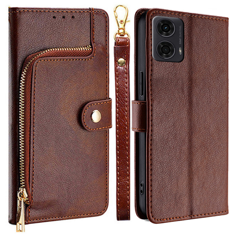 For Motorola Moto G24 4G / G04 4G Phone Case Zipper Pocket Anti-drop Wallet Leather Cover - Brown