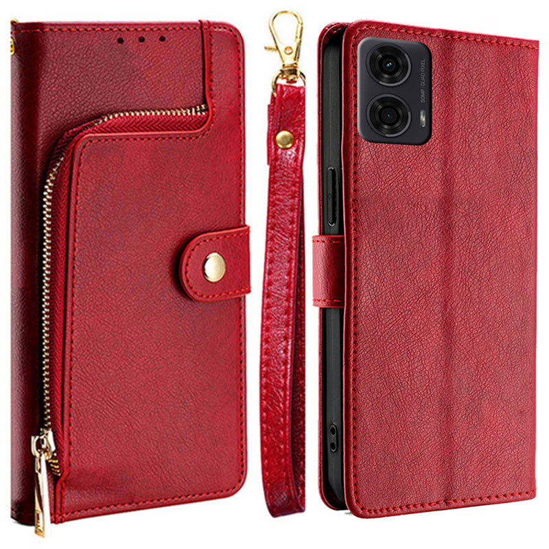 For Motorola Moto G24 4G / G04 4G Phone Case Zipper Pocket Anti-drop Wallet Leather Cover - Red