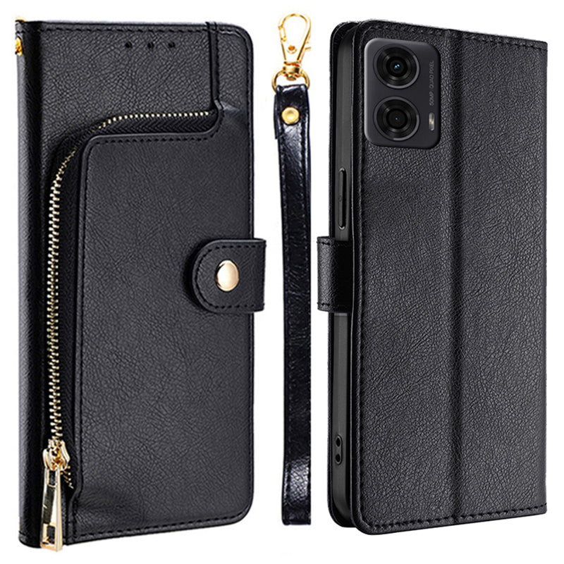 For Motorola Moto G24 4G / G04 4G Phone Case Zipper Pocket Anti-drop Wallet Leather Cover - Black