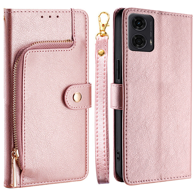 For Motorola Moto G24 4G / G04 4G Phone Case Zipper Pocket Anti-drop Wallet Leather Cover - Rose Gold