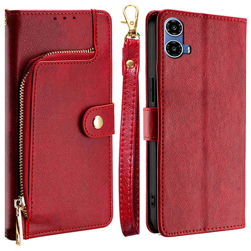 For Motorola Moto G34 5G Case Zipper Pocket Leather Wallet Anti-shock Phone Cover - Red