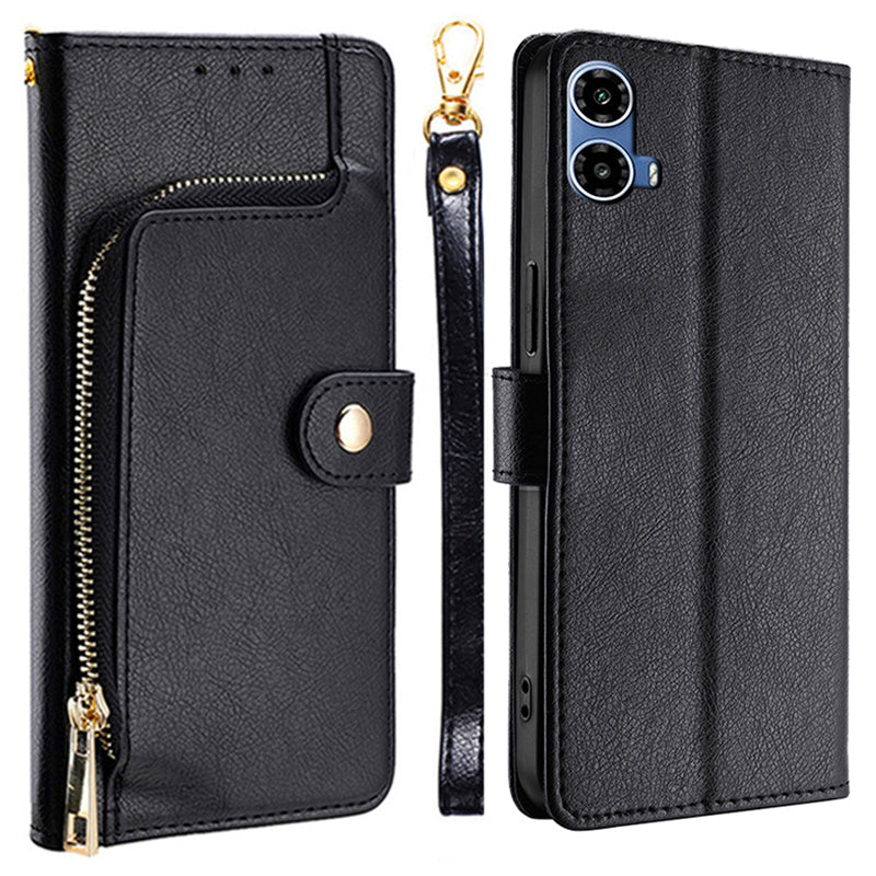 For Motorola Moto G34 5G Case Zipper Pocket Leather Wallet Anti-shock Phone Cover - Black