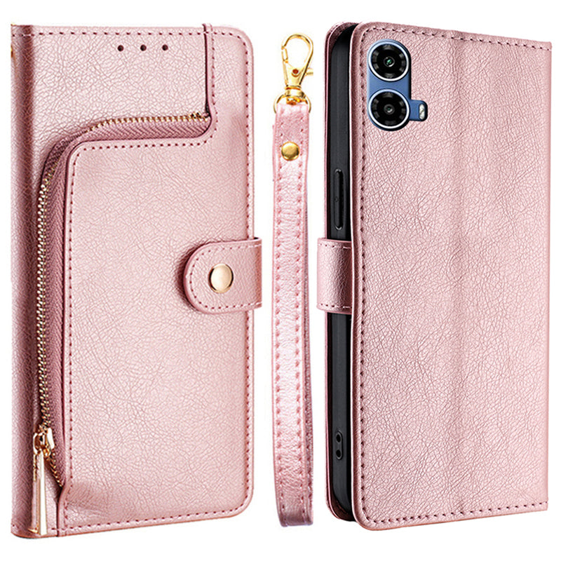 For Motorola Moto G34 5G Case Zipper Pocket Leather Wallet Anti-shock Phone Cover - Rose Gold