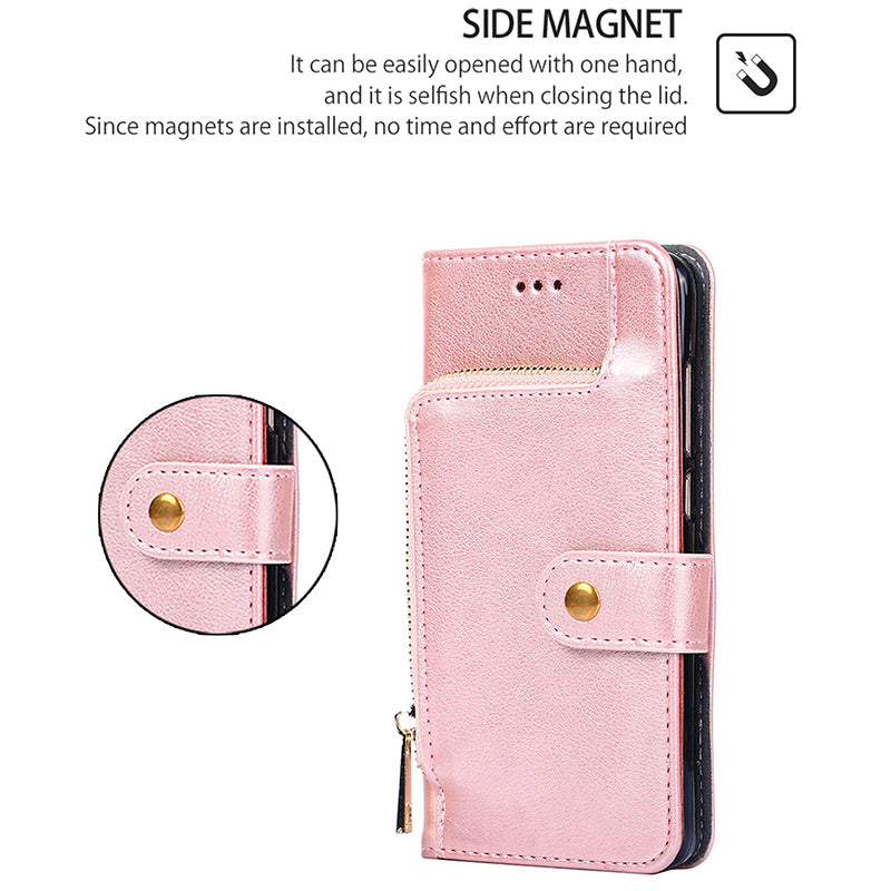 For Realme 12+ 5G Zipper Wallet Case Full Protection Flip Leather Phone Cover - Rose Gold