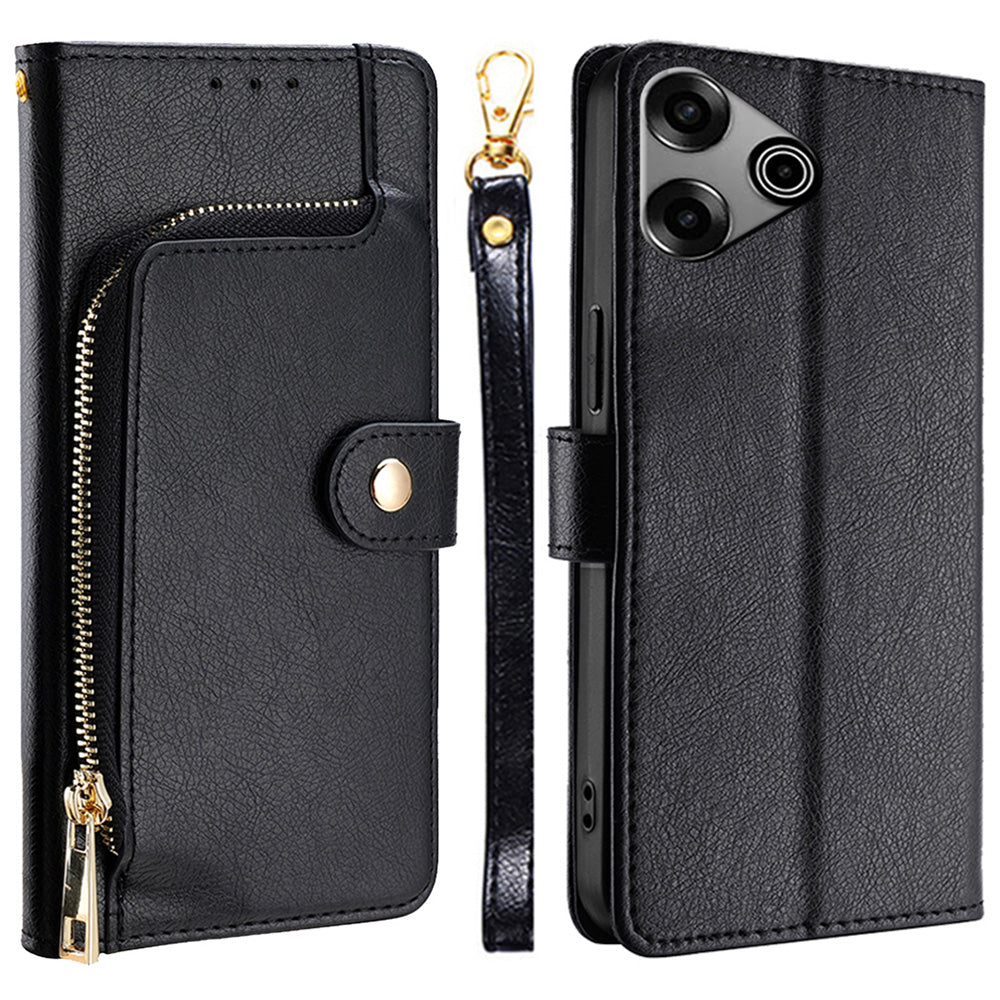For Transsion Tecno Pova 6 Pro 5G Zipper Wallet Case Full Protection Leather Phone Protector - Black