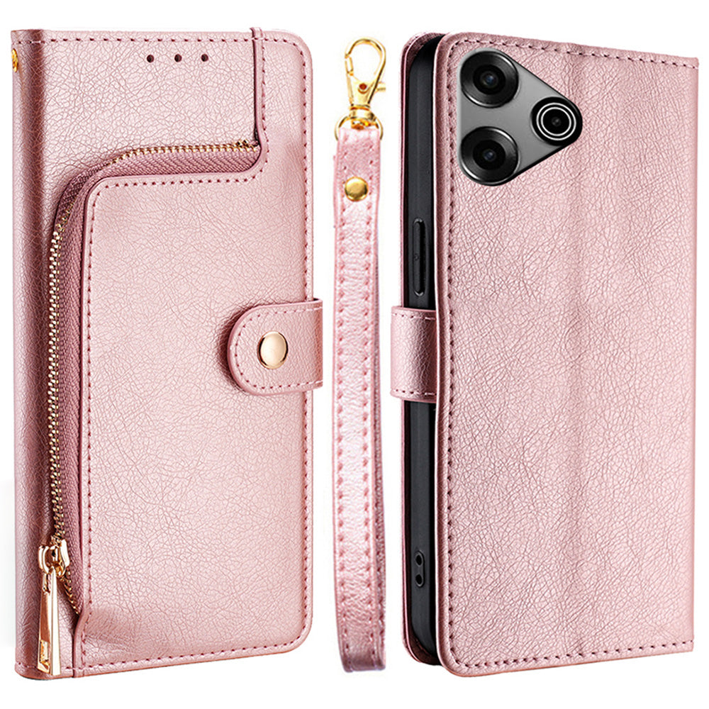 For Transsion Tecno Pova 6 Pro 5G Zipper Wallet Case Full Protection Leather Phone Protector - Rose Gold