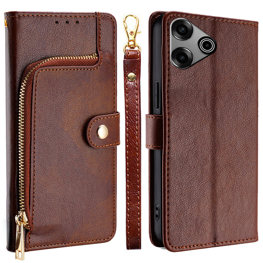 For Transsion Tecno Pova 6 Pro 5G Zipper Wallet Case Full Protection Leather Phone Protector - Brown