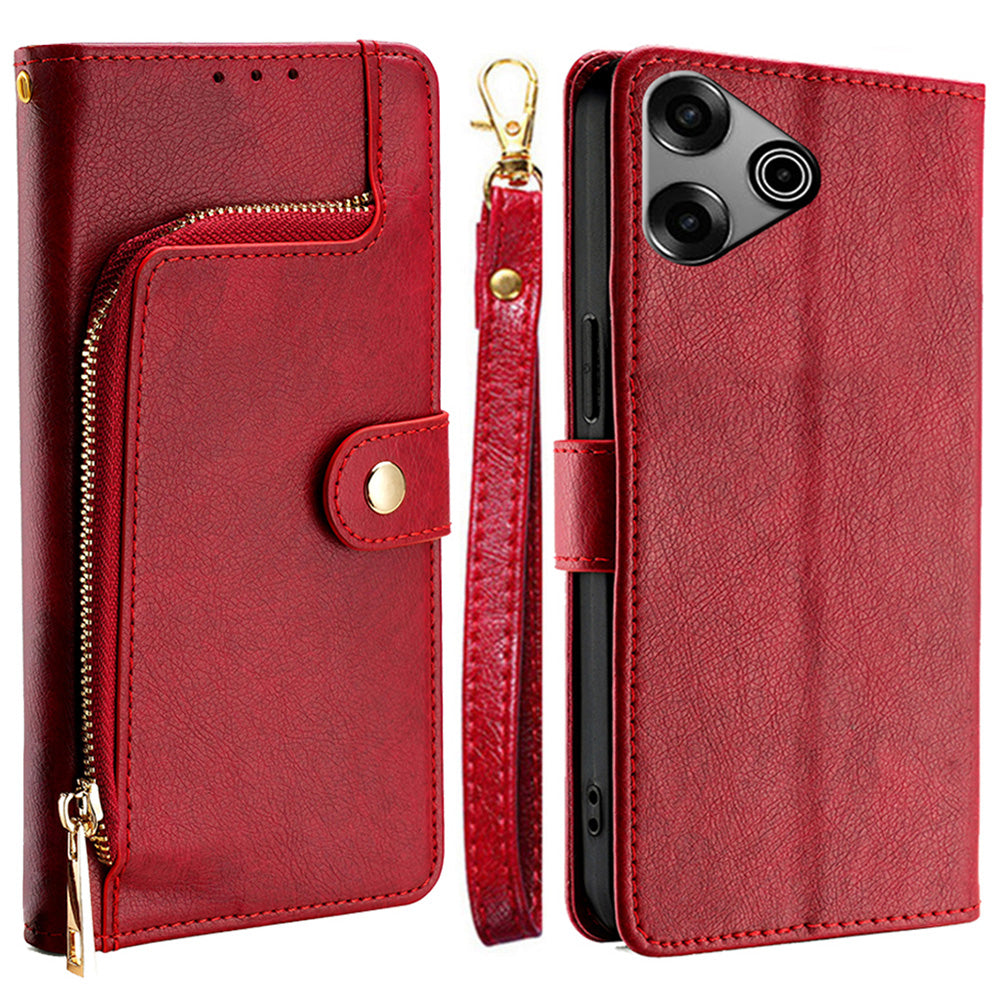 For Transsion Tecno Pova 6 Pro 5G Zipper Wallet Case Full Protection Leather Phone Protector - Red