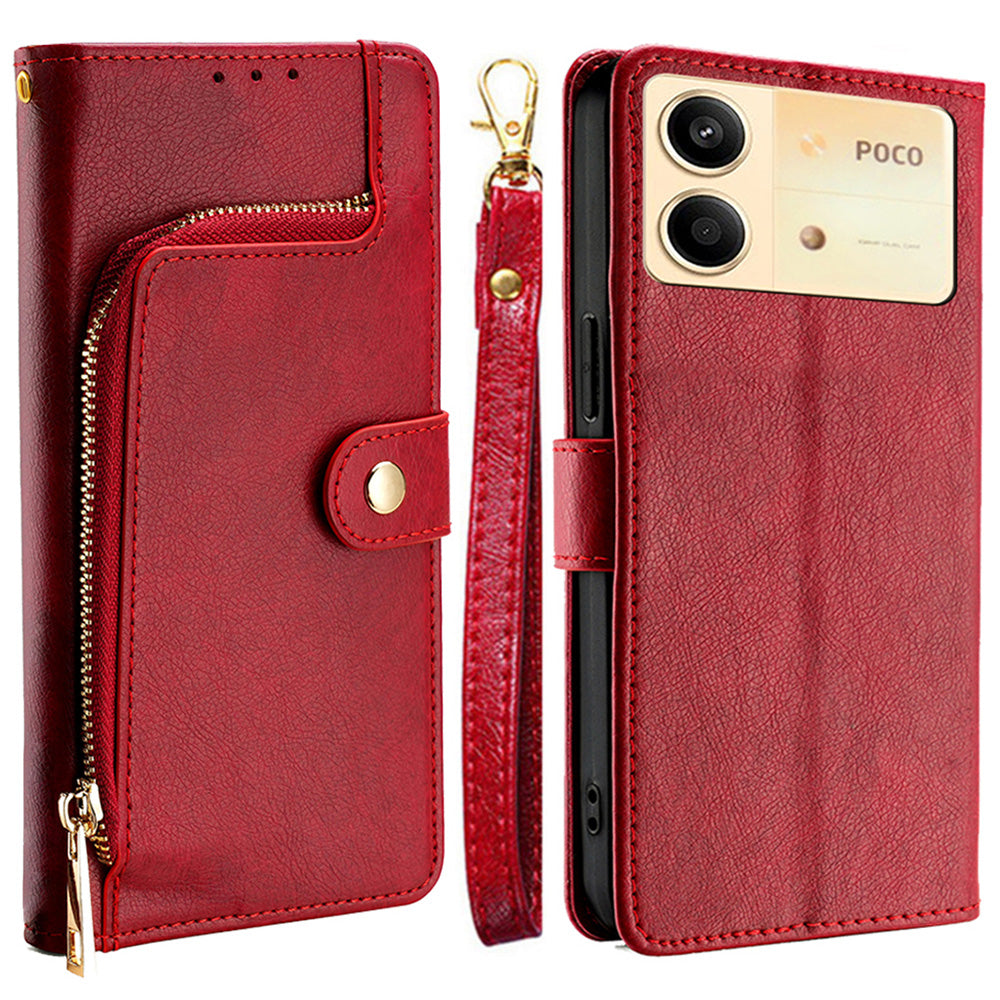 For Xiaomi Redmi Note 13R Pro 5G Stand Case Full Protection Zipper Wallet Leather Phone Cover - Red