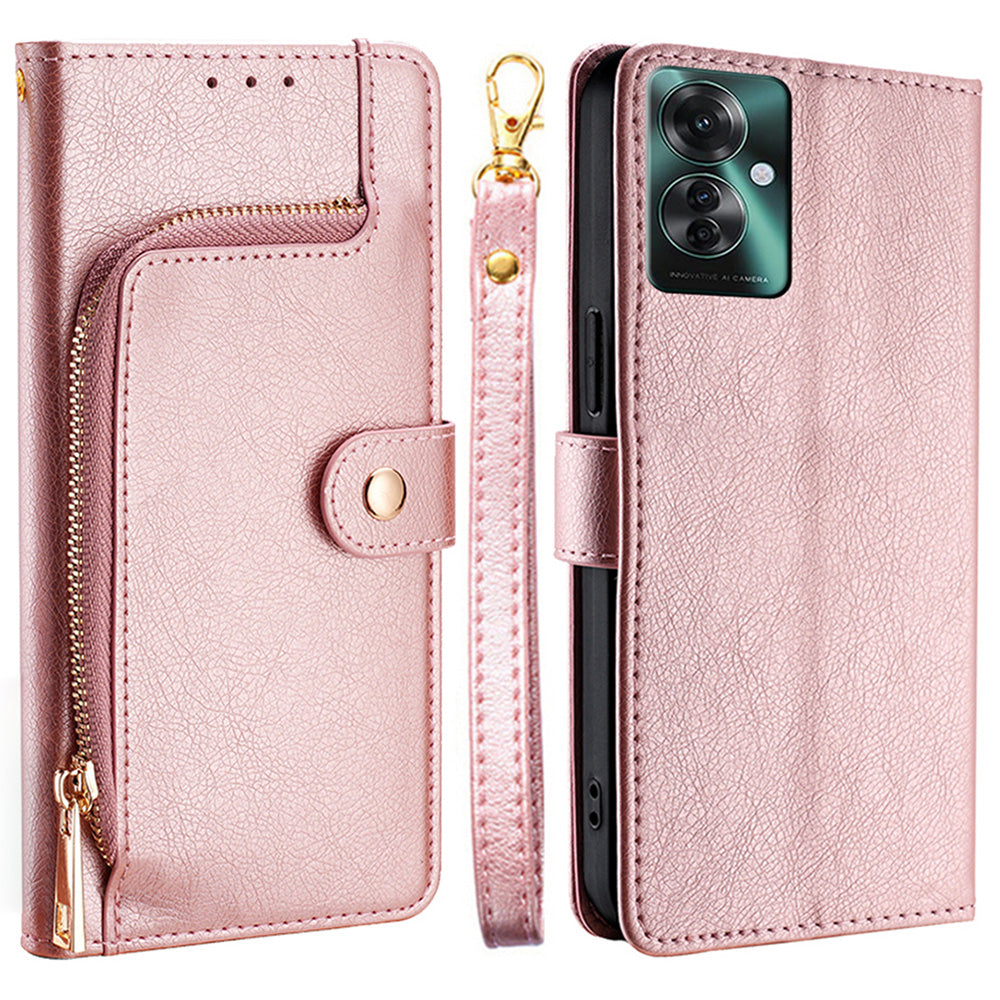 For Oppo Reno11 F 5G / F25 Pro 5G Phone Case Drop Protection Leather Zipper Wallet Cover - Rose Gold