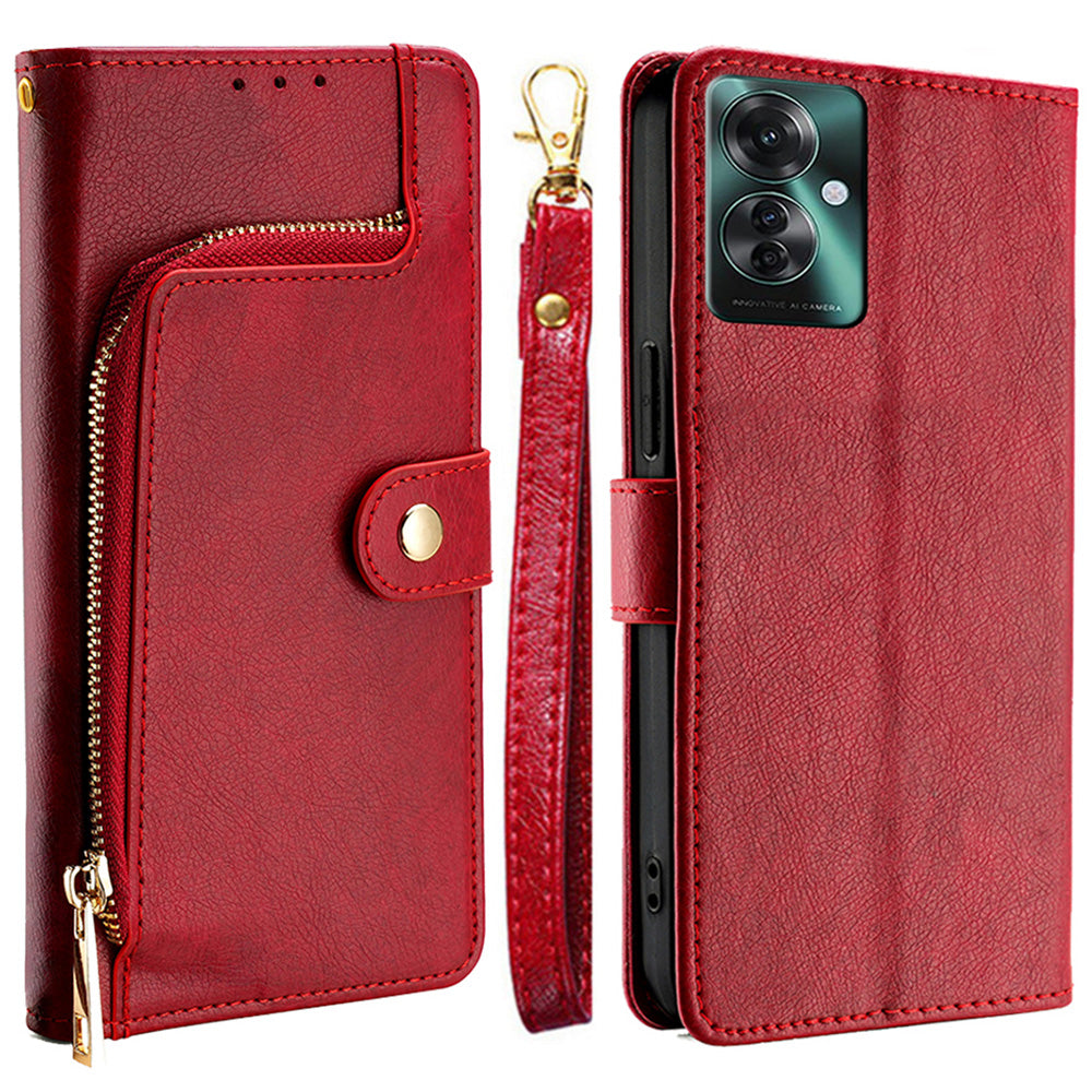 For Oppo Reno11 F 5G / F25 Pro 5G Phone Case Drop Protection Leather Zipper Wallet Cover - Red