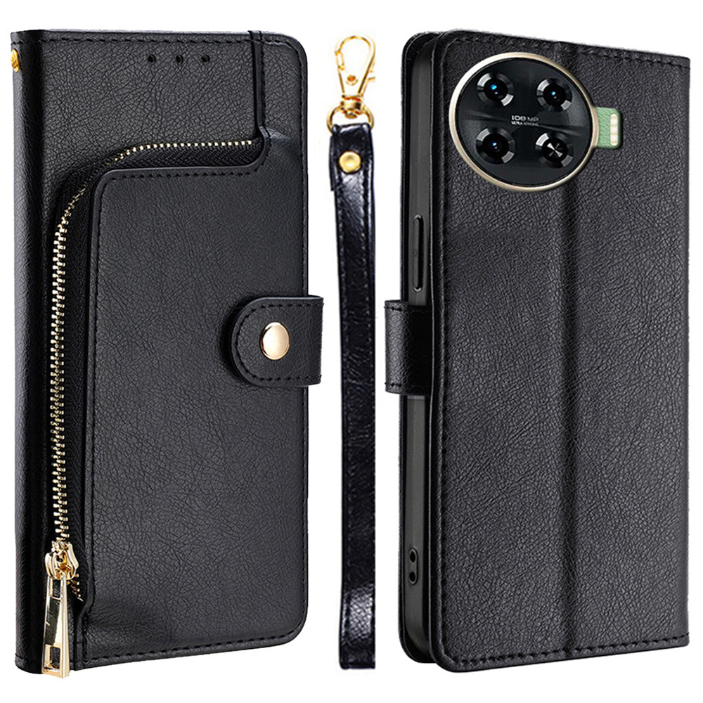 For Transsion Tecno Spark 20 Pro+ Case Anti-scratch Zipper Wallet Card Holder Phone Cover - Black
