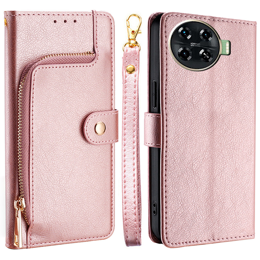 For Transsion Tecno Spark 20 Pro+ Case Anti-scratch Zipper Wallet Card Holder Phone Cover - Rose Gold