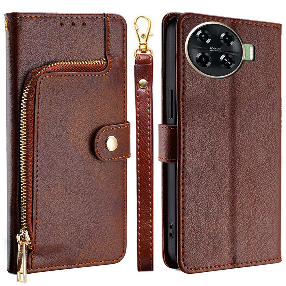 For Transsion Tecno Spark 20 Pro+ Case Anti-scratch Zipper Wallet Card Holder Phone Cover - Brown