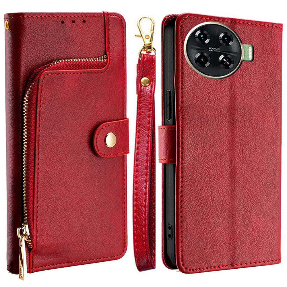 For Transsion Tecno Spark 20 Pro+ Case Anti-scratch Zipper Wallet Card Holder Phone Cover - Red