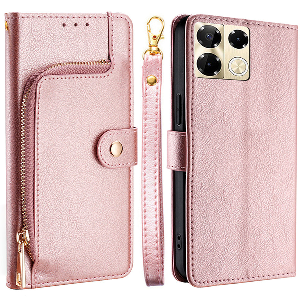 For Transsion Infinix Note 40 Pro 5G Case PU Leather Phone Zipper Purse Cover with Wrist Straps - Rose Gold