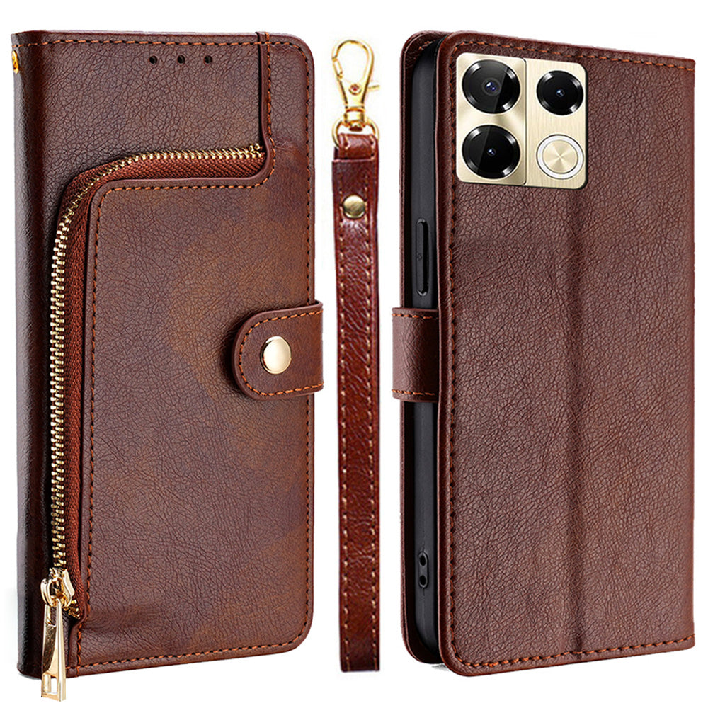 For Transsion Infinix Note 40 Pro 5G Case PU Leather Phone Zipper Purse Cover with Wrist Straps - Brown