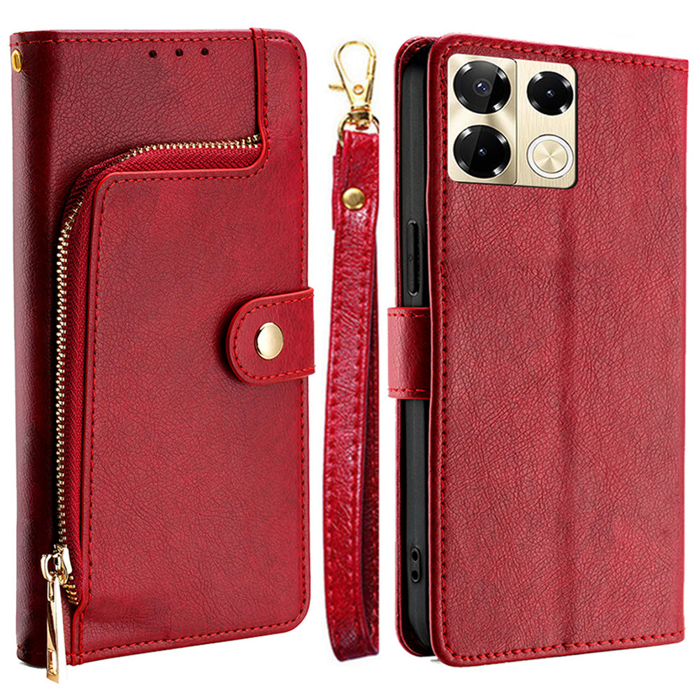 For Transsion Infinix Note 40 Pro 5G Case PU Leather Phone Zipper Purse Cover with Wrist Straps - Red