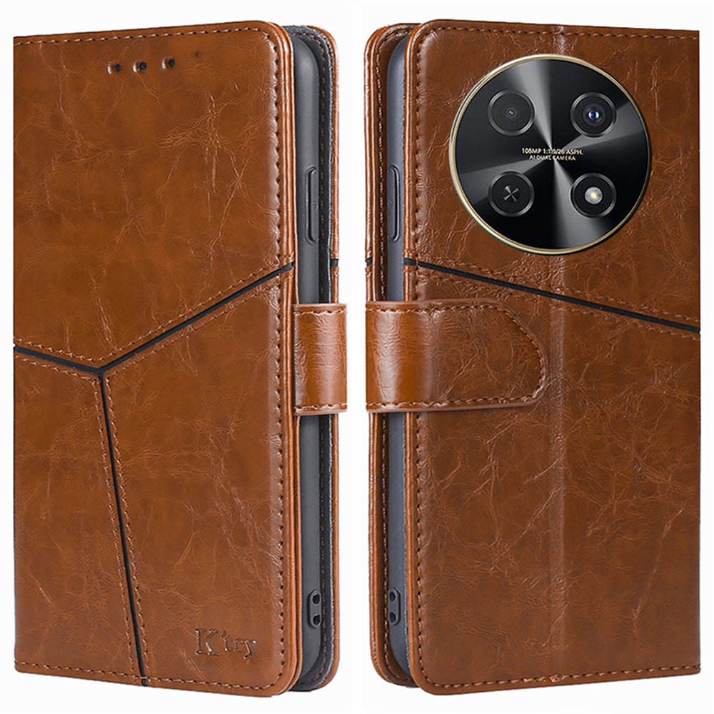 For Huawei nova 12i 4G Magnetic Phone Case PU Leather Geometric Splicing Stand Cover - Light Brown