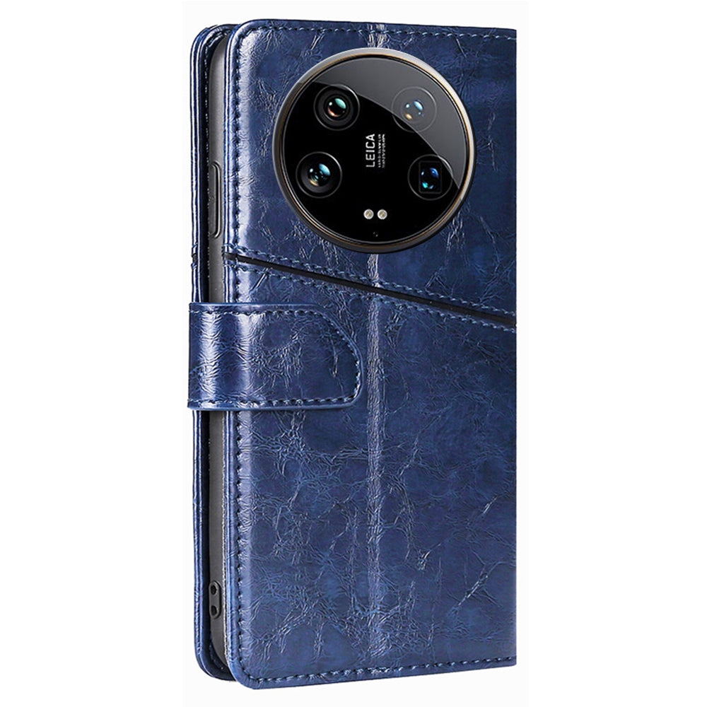 For Xiaomi 14 Ultra Case PU Leather Geometric Splicing Cell Phone Cover - Blue