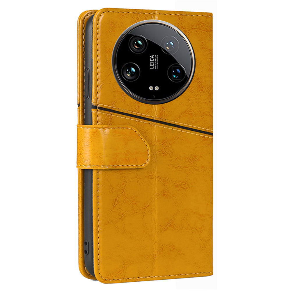 For Xiaomi 14 Ultra Case PU Leather Geometric Splicing Cell Phone Cover - Yellow