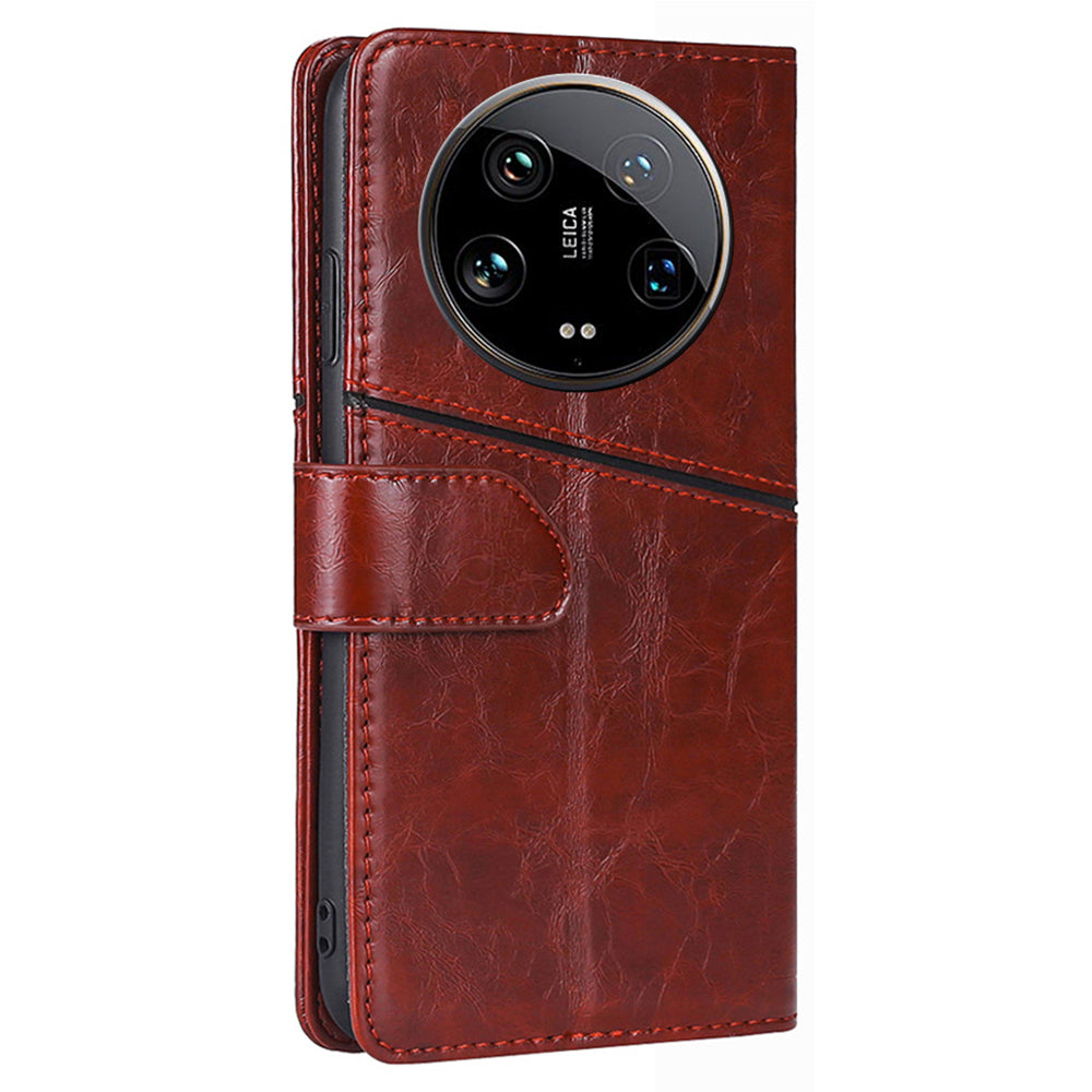 For Xiaomi 14 Ultra Case PU Leather Geometric Splicing Cell Phone Cover - Dark Brown