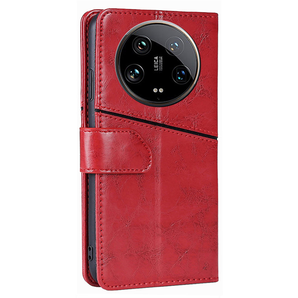 For Xiaomi 14 Ultra Case PU Leather Geometric Splicing Cell Phone Cover - Red