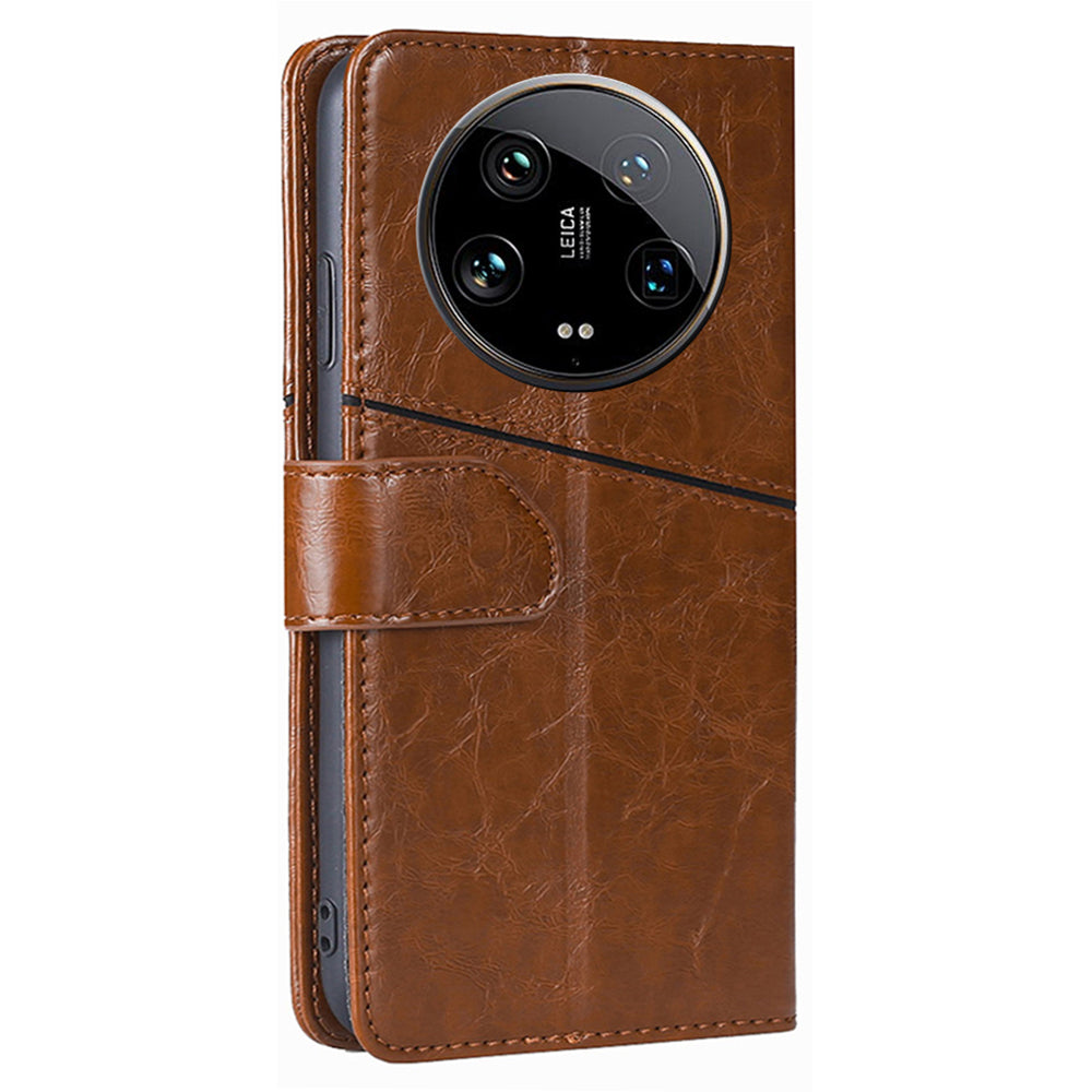 For Xiaomi 14 Ultra Case PU Leather Geometric Splicing Cell Phone Cover - Light Brown
