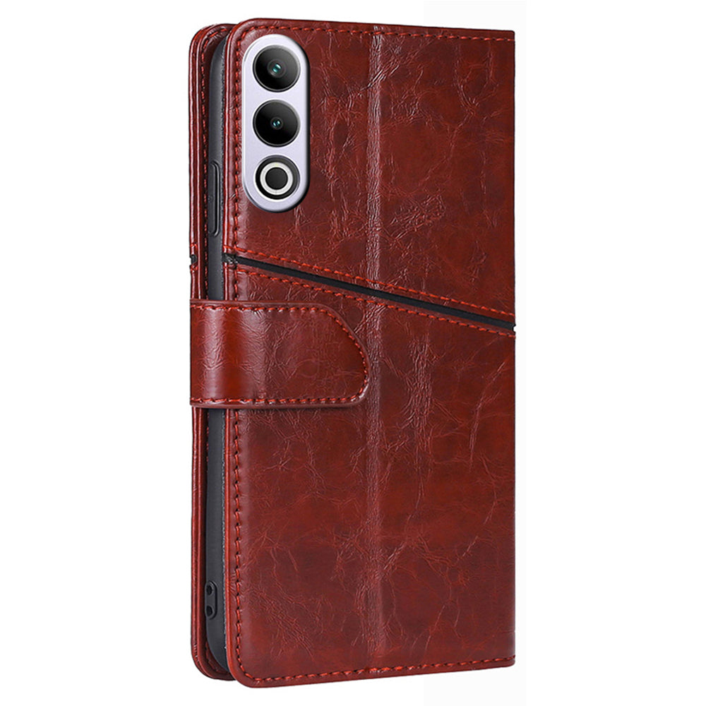 For OnePlus Ace 3V 5G Leather Case Shockproof Geometric Splicing Phone Stand Cover - Dark Brown