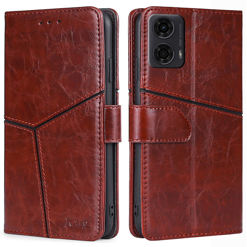 For Motorola Moto G24 4G Case Card Holder Geometric Splicing Mobile Phone Cover - Dark Brown