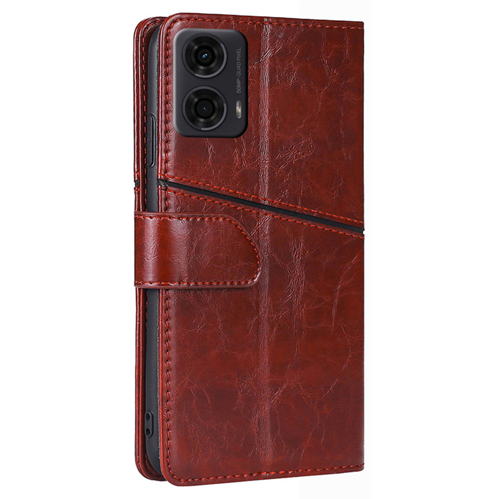 For Motorola Moto G24 4G Case Card Holder Geometric Splicing Mobile Phone Cover - Dark Brown