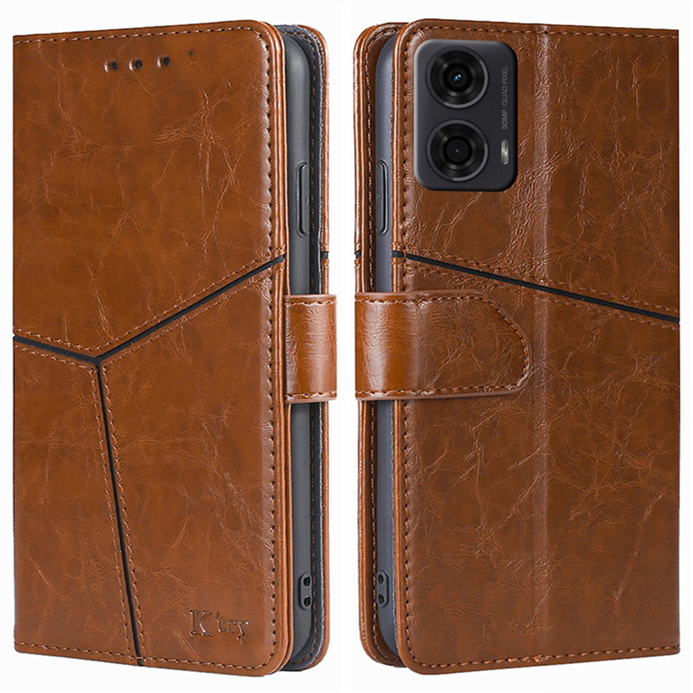 For Motorola Moto G24 4G Case Card Holder Geometric Splicing Mobile Phone Cover - Light Brown