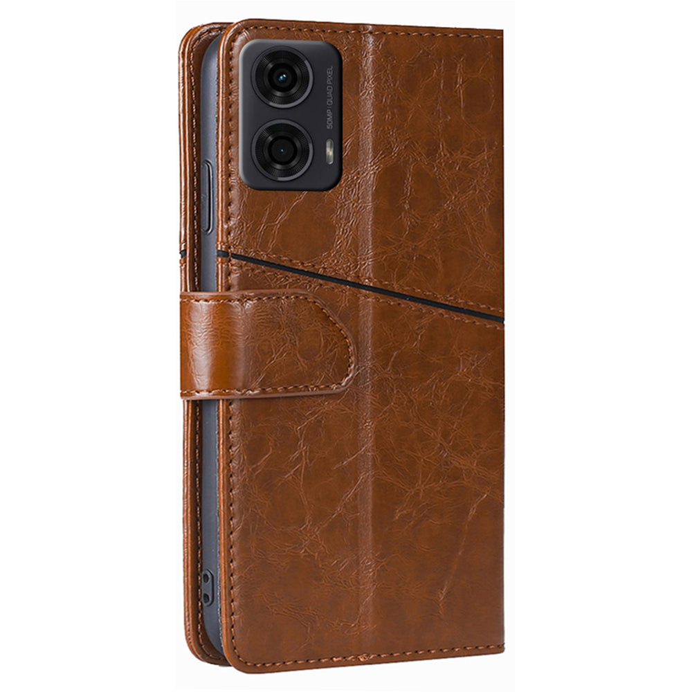 For Motorola Moto G24 4G Case Card Holder Geometric Splicing Mobile Phone Cover - Light Brown