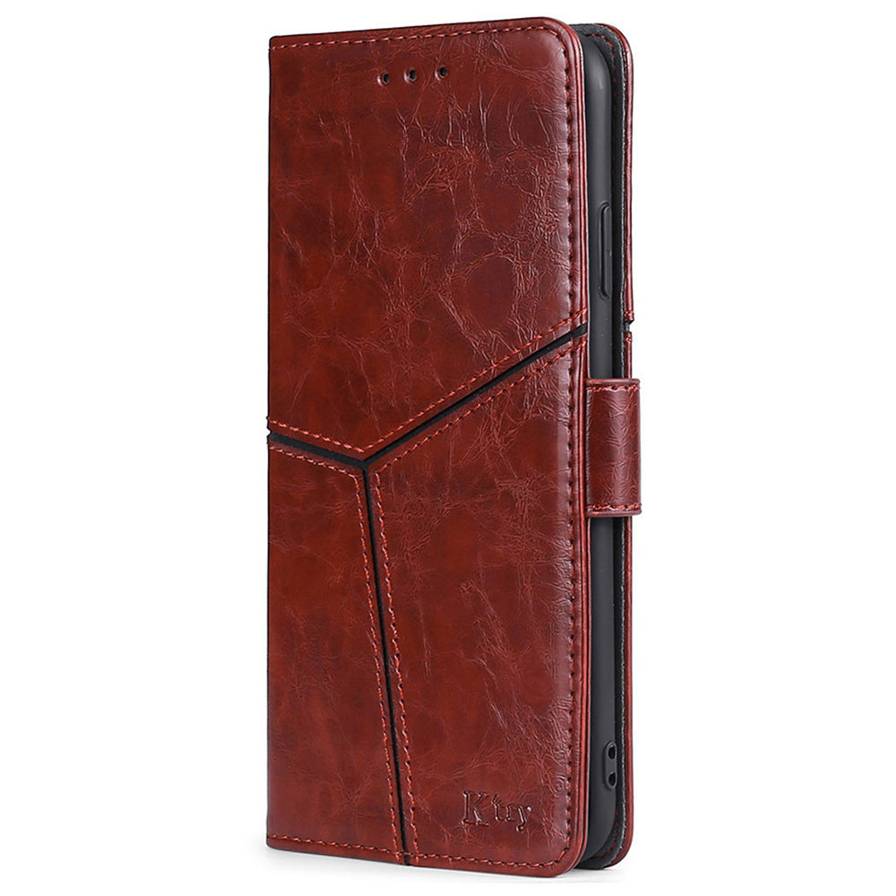 For Realme 12+ 5G Case Magnetic Closing Geometric Splicing Phone Stand Cover - Dark Brown