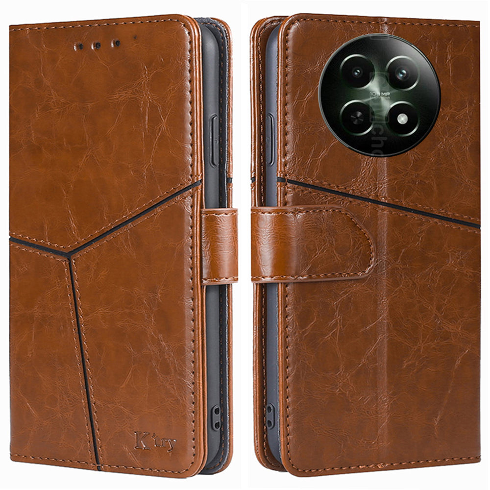 Magnetic Case for Realme 12 Shell Wallet Geometric Splicing Phone Cover - Light Brown