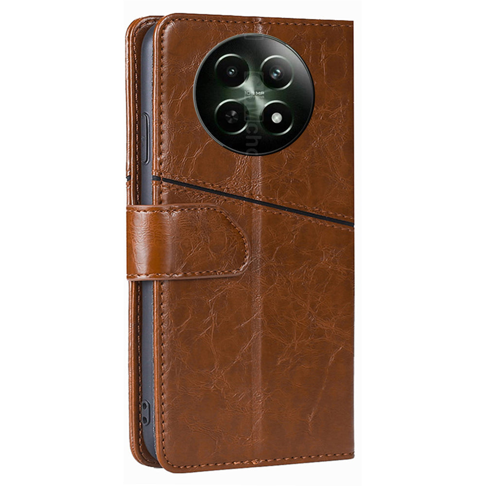 Magnetic Case for Realme 12 Shell Wallet Geometric Splicing Phone Cover - Light Brown