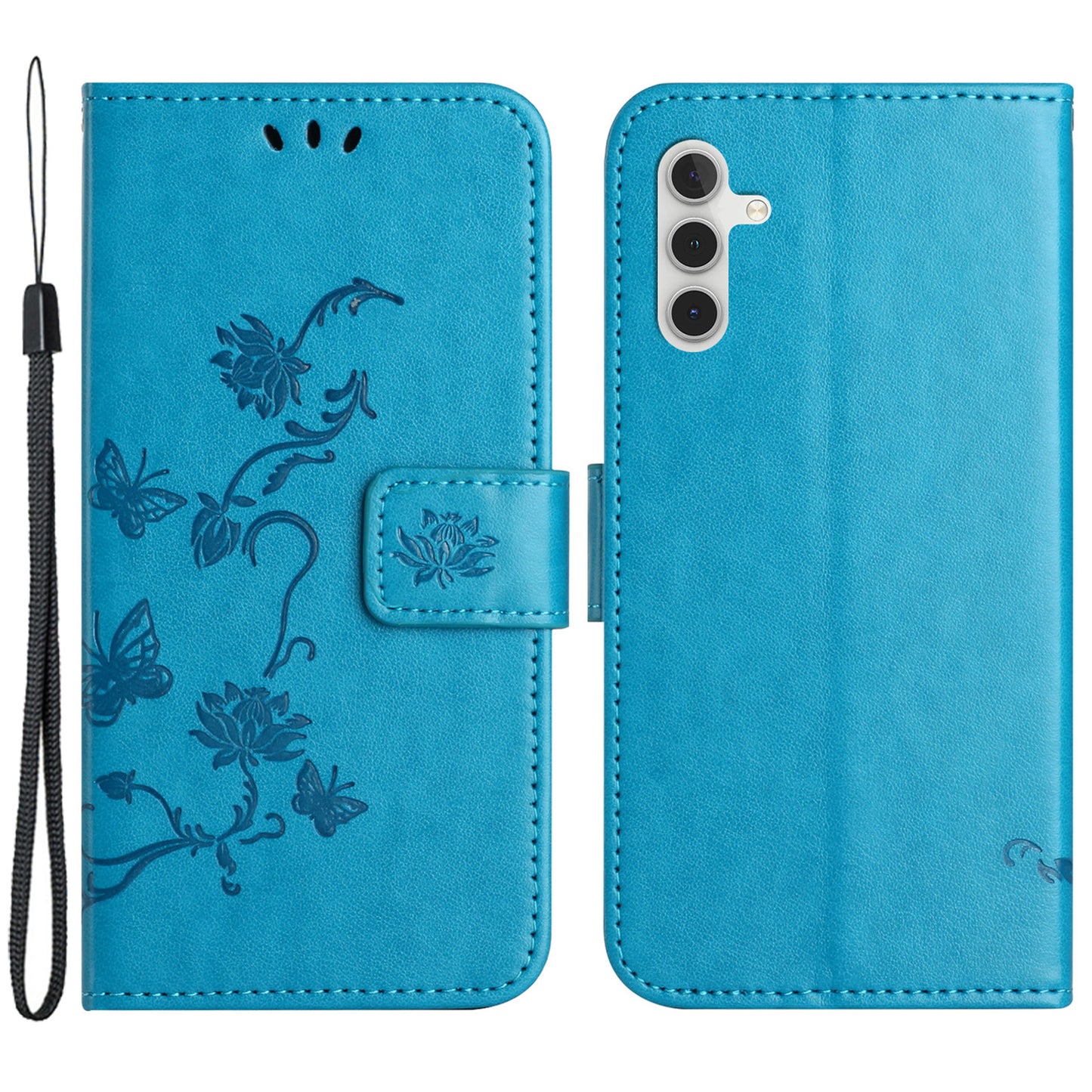 For Samsung Galaxy M15 5G / F15 5G Flip Wallet Case Butterfly Flower Leather Phone Cover - Blue