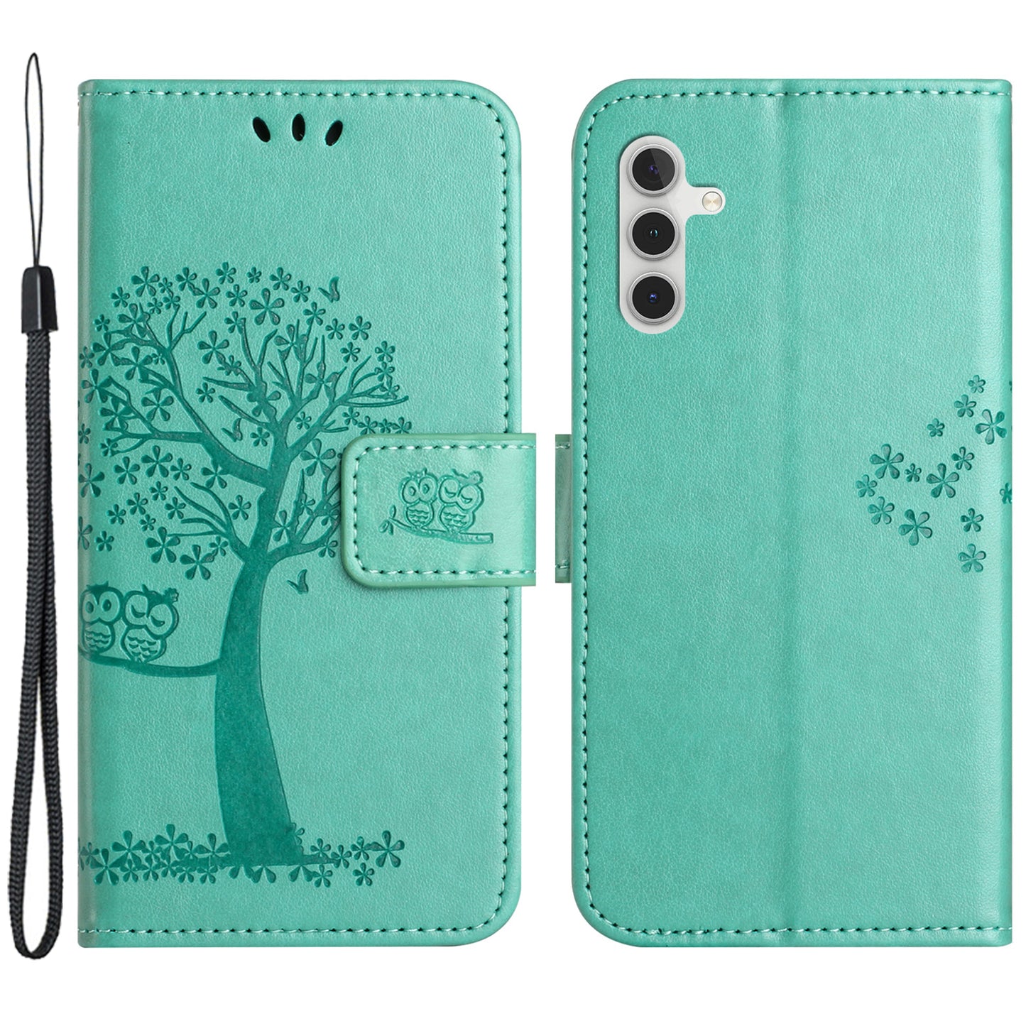 Leather Case for Samsung Galaxy M15 5G / F15 5G , Wallet Phone Cover Imprinted Owl Tree - Cyan