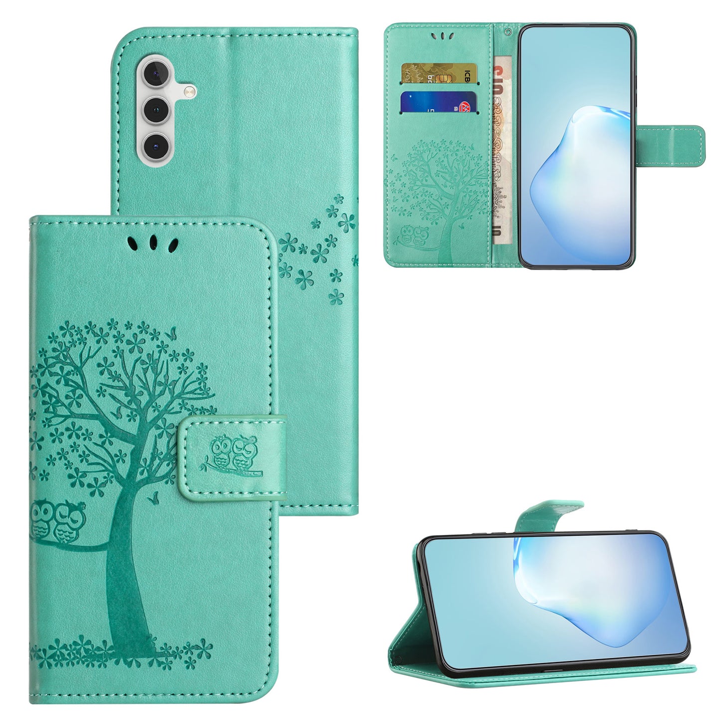 Leather Case for Samsung Galaxy M15 5G / F15 5G , Wallet Phone Cover Imprinted Owl Tree - Cyan