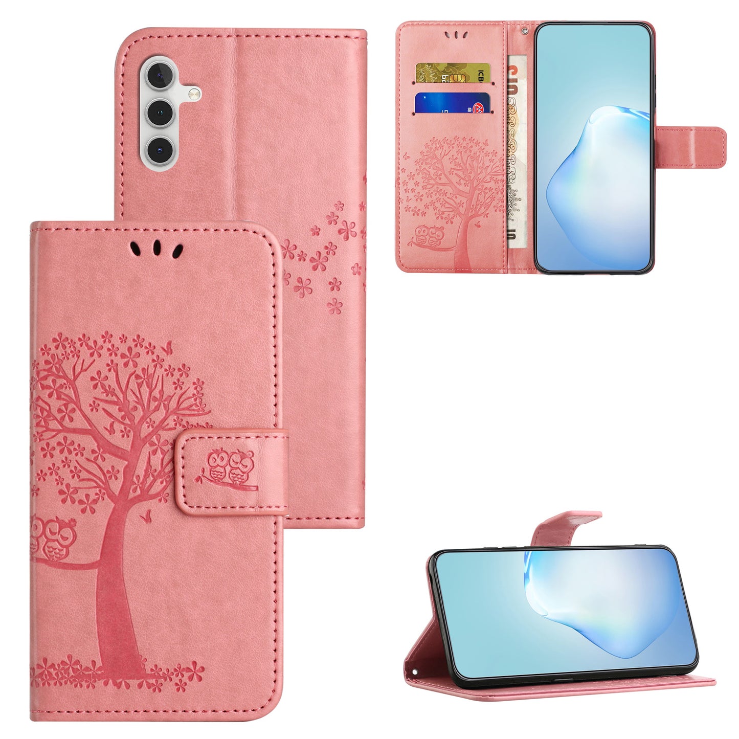 Leather Case for Samsung Galaxy M15 5G / F15 5G , Wallet Phone Cover Imprinted Owl Tree - Pink