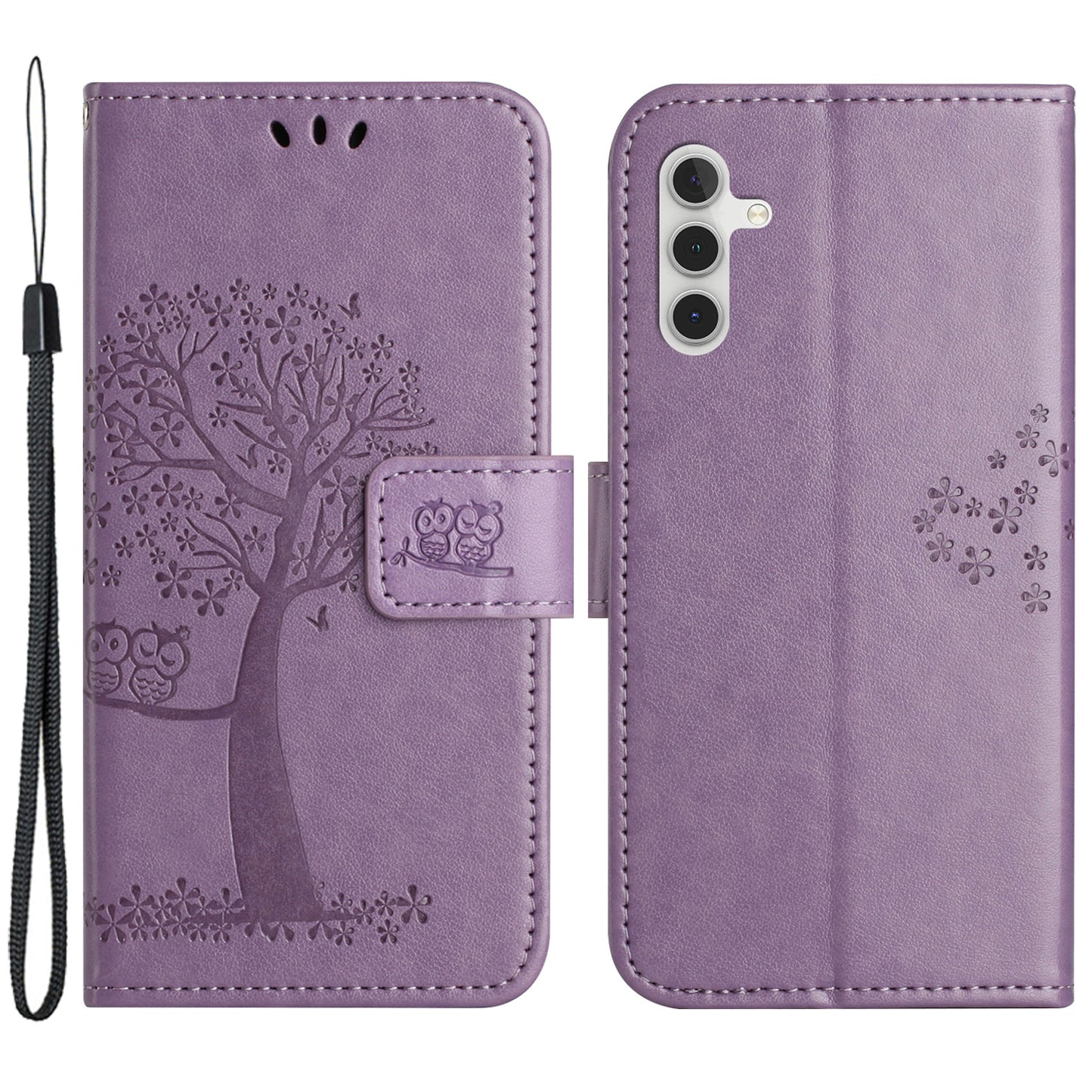 Leather Case for Samsung Galaxy M15 5G / F15 5G , Wallet Phone Cover Imprinted Owl Tree - Purple