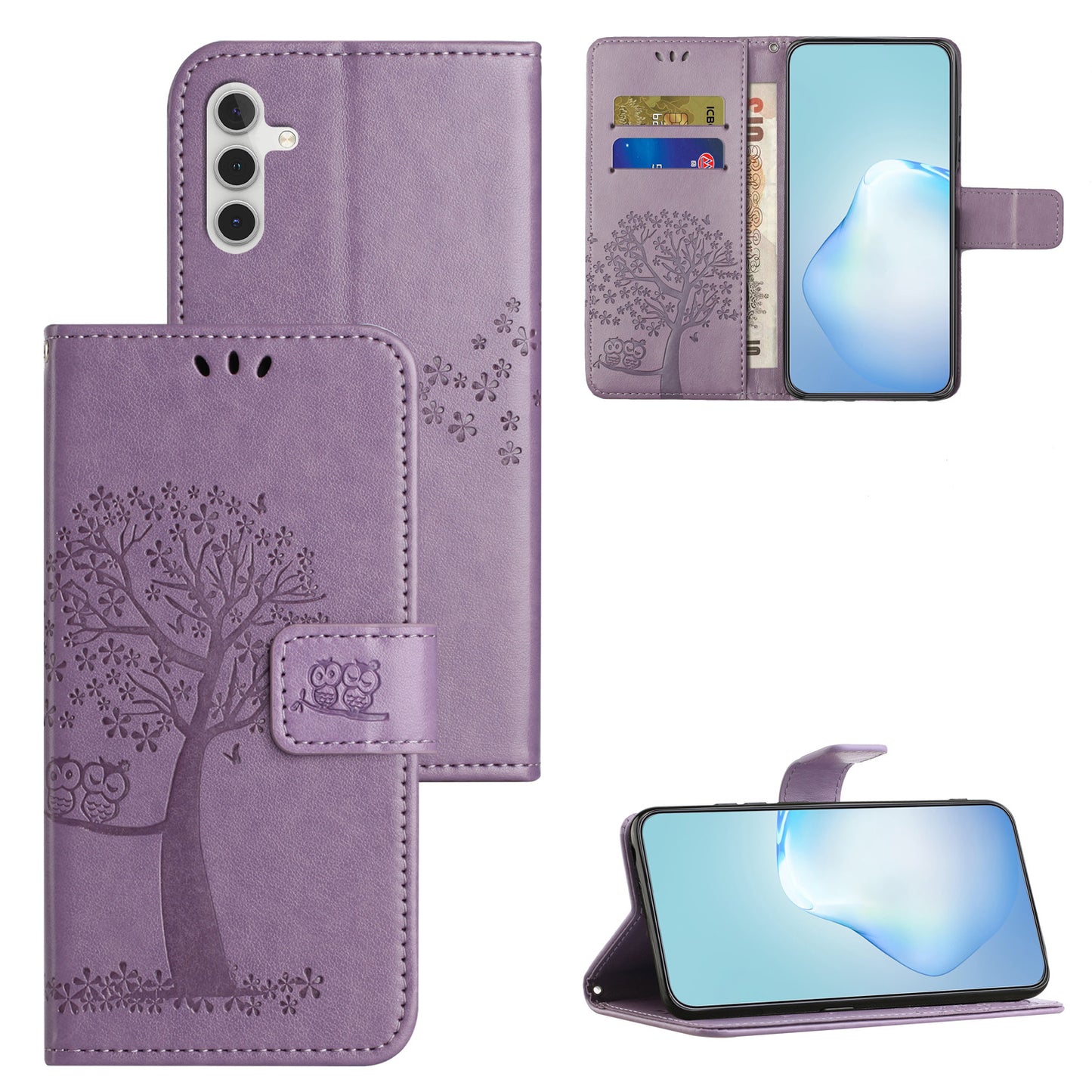 Leather Case for Samsung Galaxy M15 5G / F15 5G , Wallet Phone Cover Imprinted Owl Tree - Purple