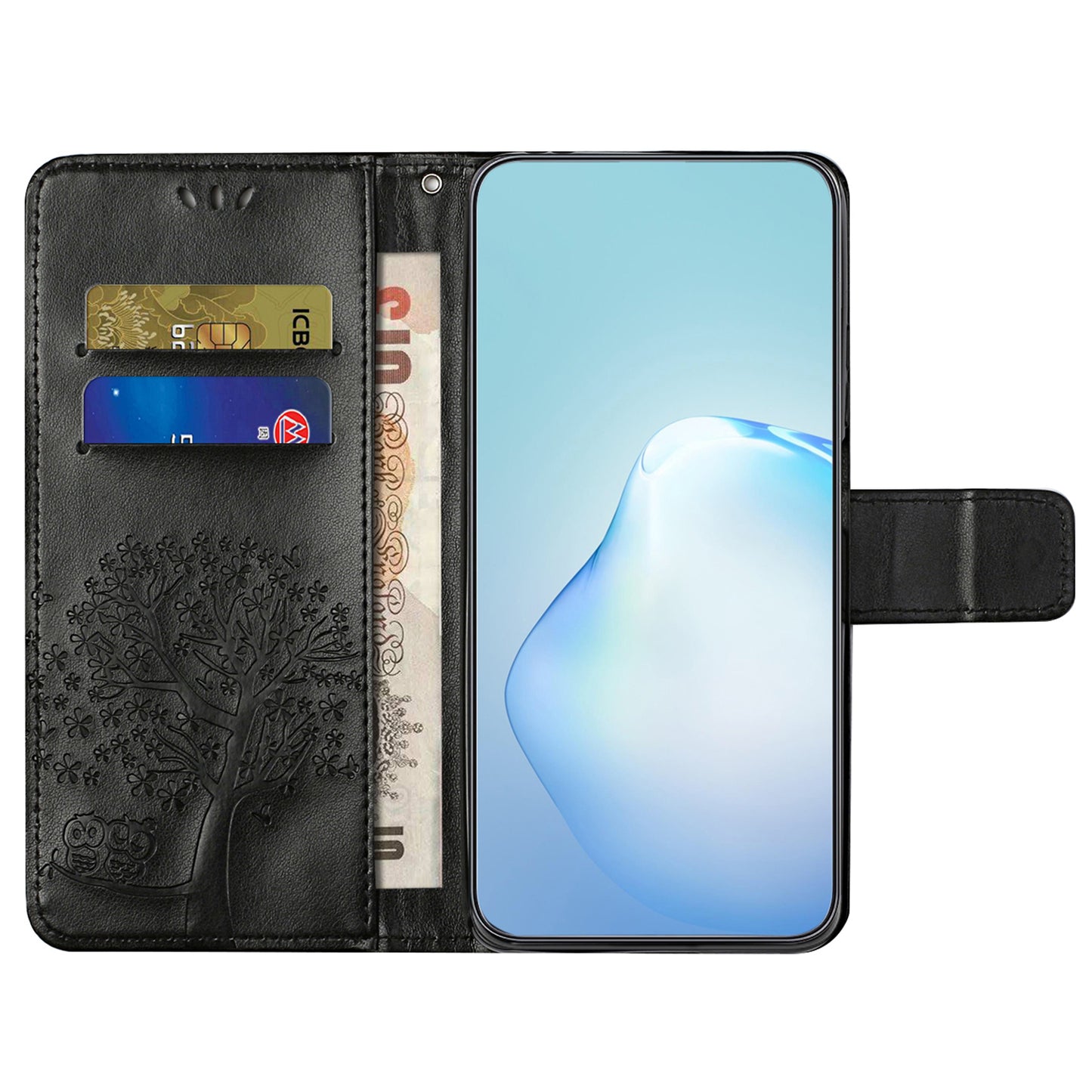 Leather Case for Samsung Galaxy M15 5G / F15 5G , Wallet Phone Cover Imprinted Owl Tree - Black