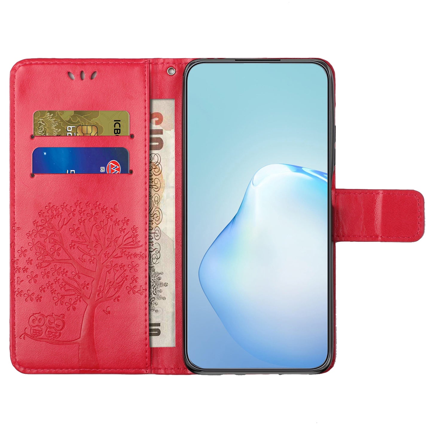 Leather Case for Samsung Galaxy M15 5G / F15 5G , Wallet Phone Cover Imprinted Owl Tree - Red