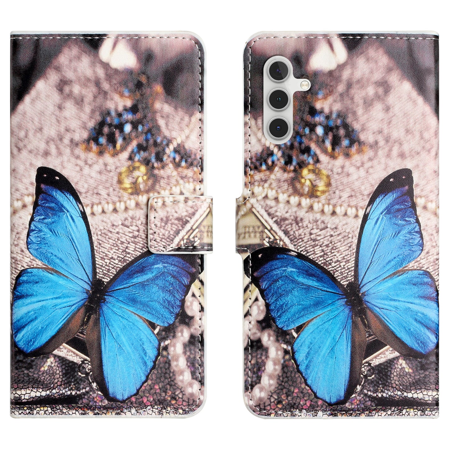 For Samsung Galaxy M15 5G / F15 5G Pattern Printing Case Flip Leather Phone Cover with Wallet - Blue Butterfly