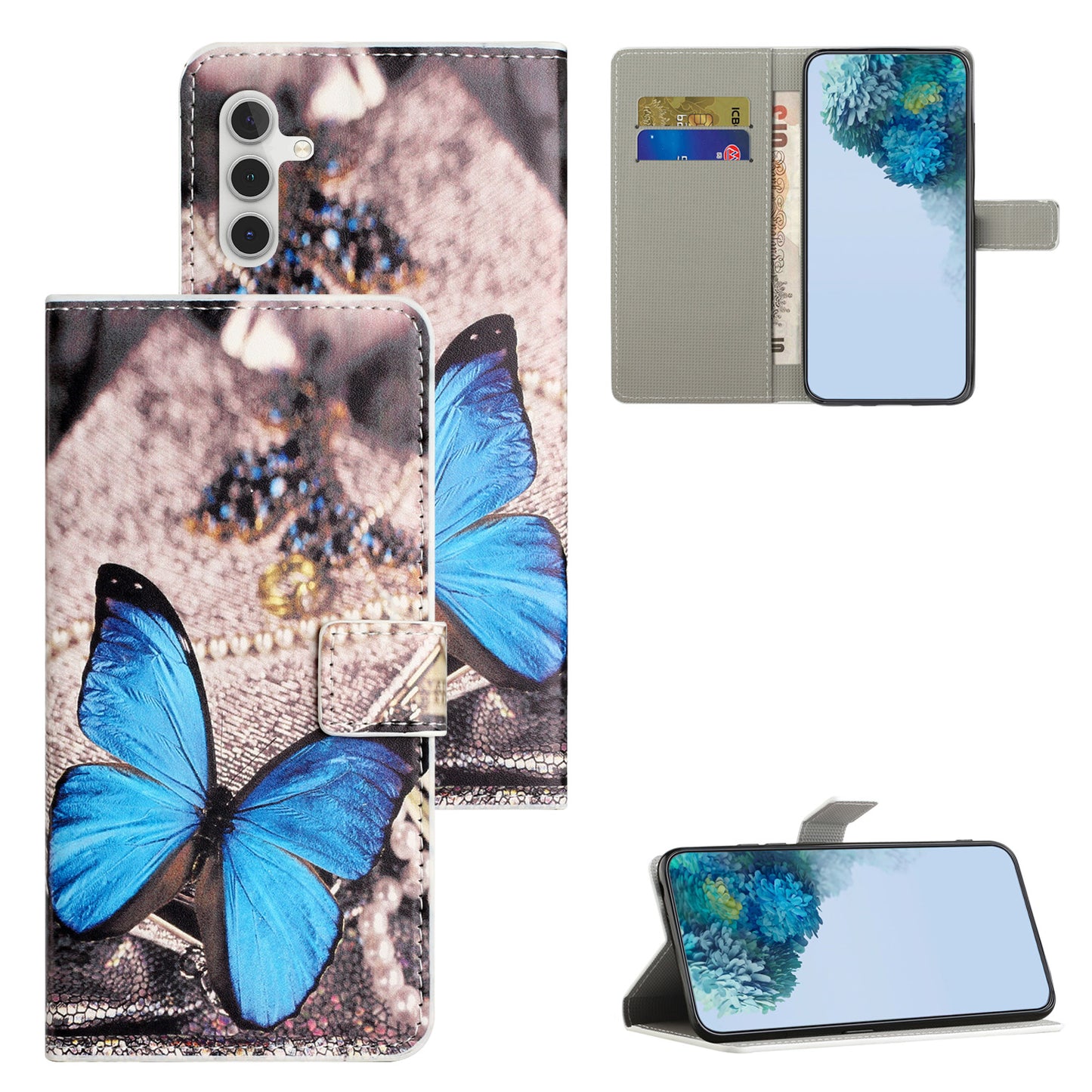 For Samsung Galaxy M15 5G / F15 5G Pattern Printing Case Flip Leather Phone Cover with Wallet - Blue Butterfly