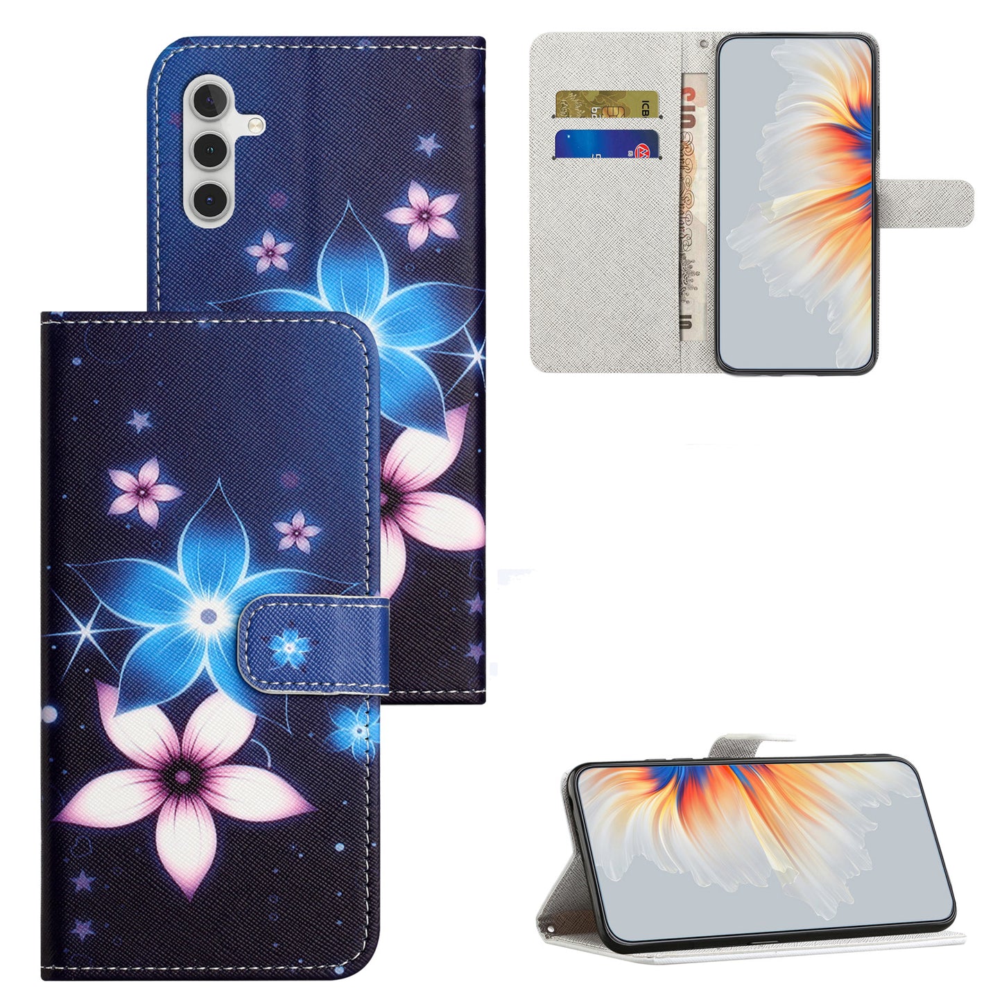 Leather Case for Samsung Galaxy M15 5G / F15 5G Pattern Printing Cross Texture Phone Wallet Cover - Blue Flower
