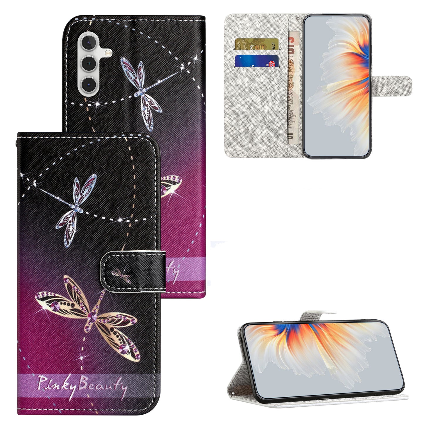 Leather Case for Samsung Galaxy M15 5G / F15 5G Pattern Printing Cross Texture Phone Wallet Cover - Dragonflies