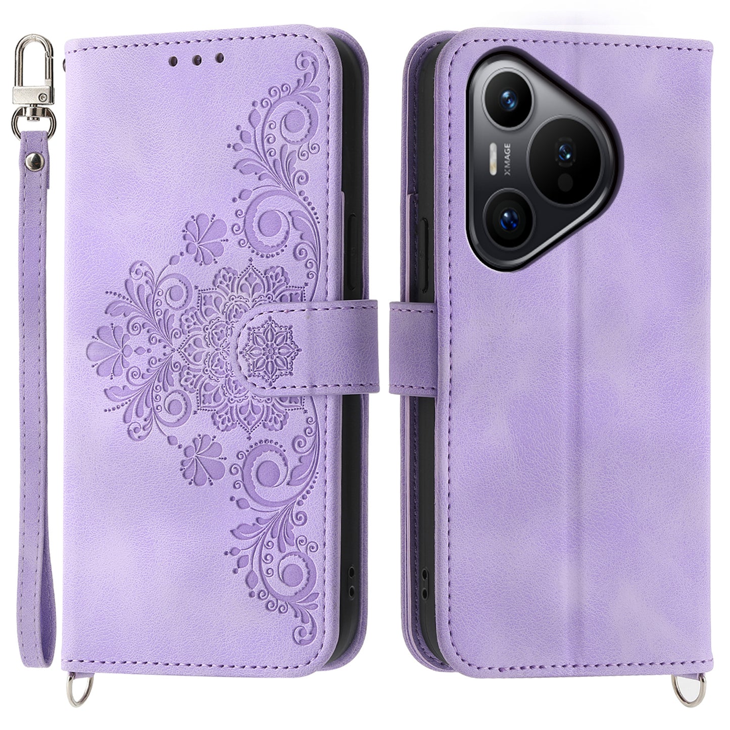 For Huawei Pura 70 Case Wallet Flower Pattern PU Leather Phone Cover with Crossbody Strap - Light Purple